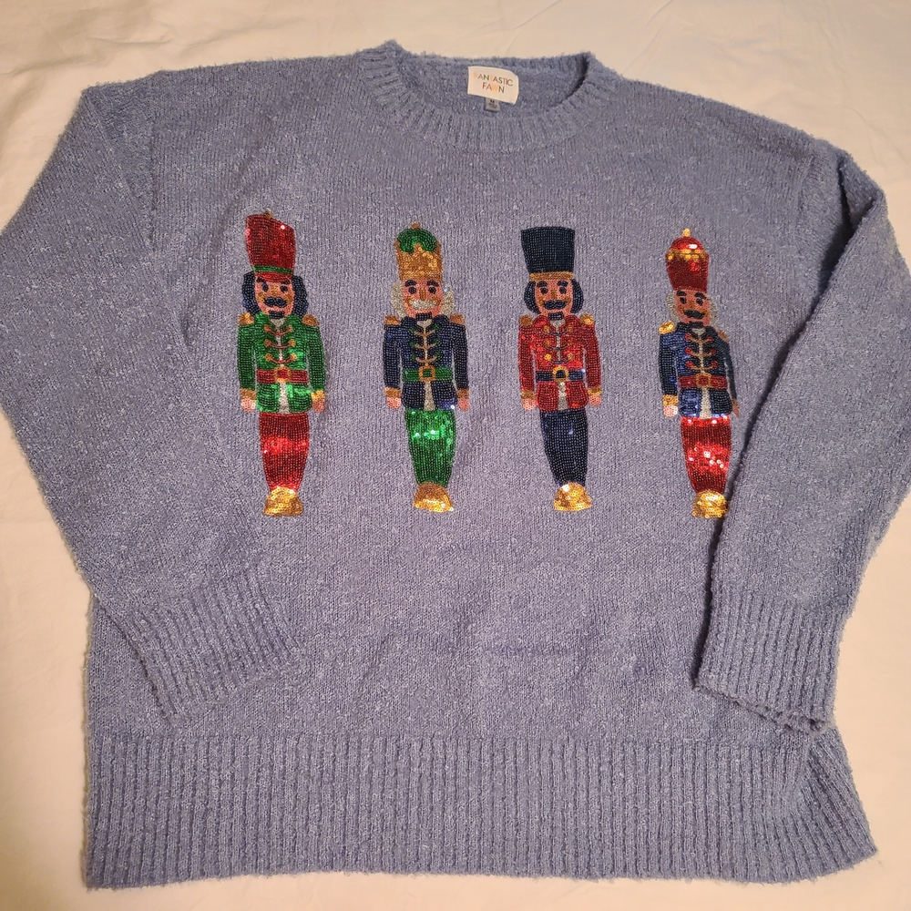 Fantastic Fawn Blue Sweater with Nutcracker Figures